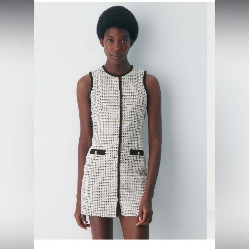 Aritzia White Tweed Mini Dress with Black Trim and Gold Buttons
